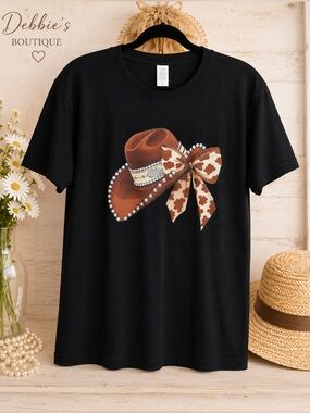 NWT Black Cowgirl Hat Graphic Tee Size L 100% Cotton Western Top
